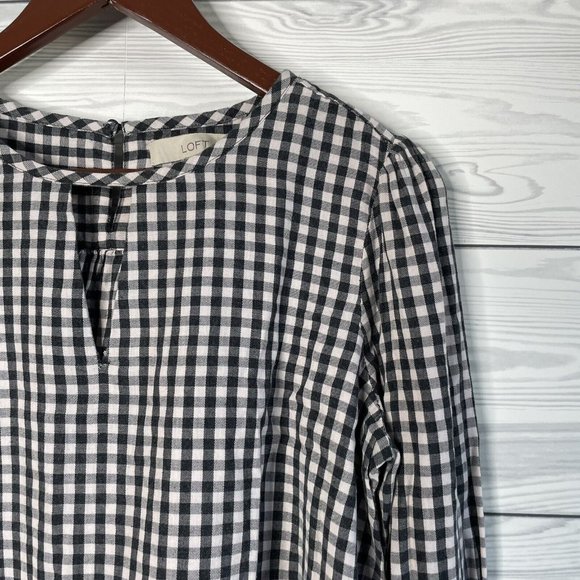 Loft Gray Cream Gingham Plaid Keyhole Long Slv Light Flannel Blouse Top Medium - Picture 2 of 7